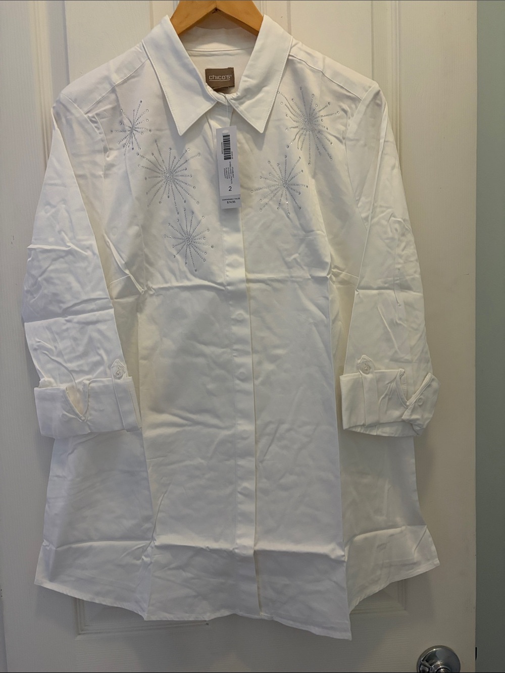 Chico's White Embellished Button-Down Shirt